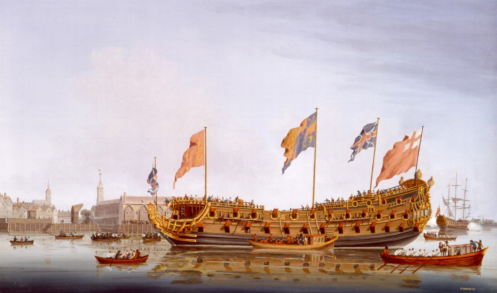 King Charles visiting Deptford Dockyard with Louise for the launch of Lenox named after their son, Charles Lenox, 1678. Image: Richard Ensor