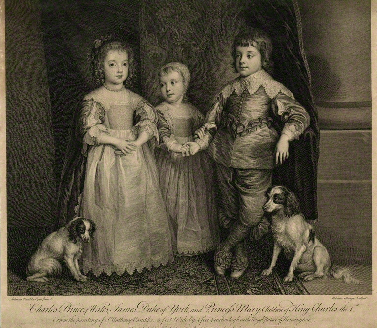 The Three Eldest Children of King Charles I; King Charles II, Mary, Princess of Orange and King James II. By Sir Robert Strange, after Sir Anthony Van Dyck. Image: National Portrait Gallery, London.