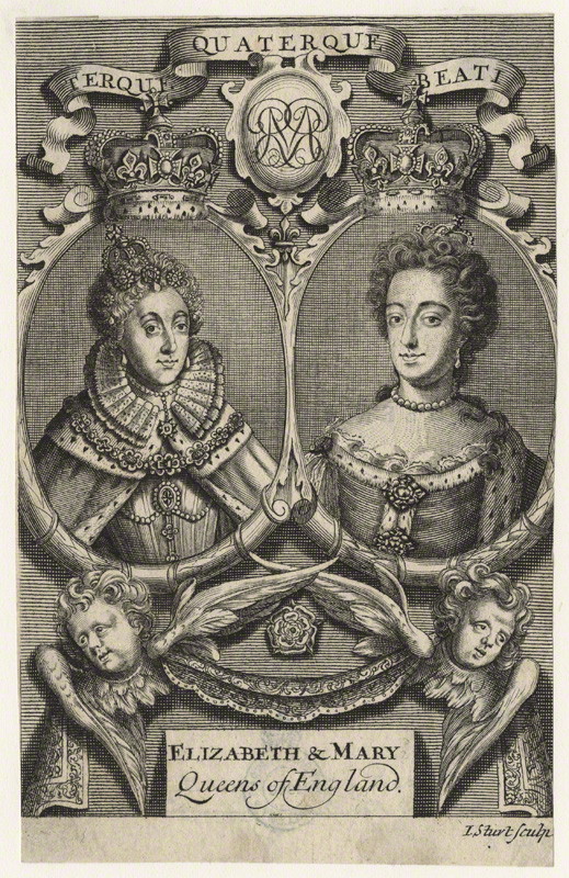 NPG D21066; Queen Elizabeth I; Queen Mary II by John Sturt, after  Unknown artists. circa 1689-1694. National Portrait Gallery, London.