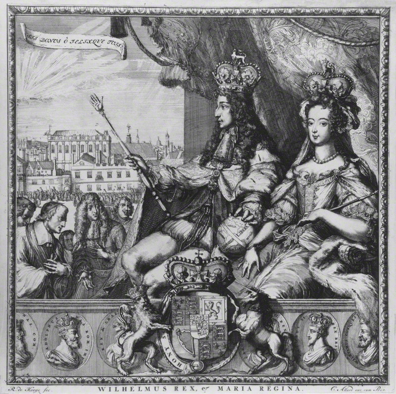 NPG D32270; King William III; Queen Mary II by Romeyn de Hooghe, published by  Carel Allard, by Romeyn de Hooghe, published by  Carel Allard, etching with additional letterpress text, 1689 or after. National Portrait Gallery, London.