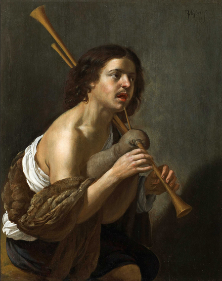 JAN VAN BIJLERT 1597/98 - Utrecht - 1671 A SHEPHERD PLAYING THE BAGPIPES Oil on Panel 16 ¾ x 13 in (42.5 x 33 cm) Signed upper right Provenance Private collection, France. © Fergus Hall Master Painters, London.