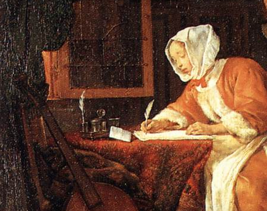 Image: detail from METSU's 'The Letter-Writer Surprised', c. 1662. Oil on wood, 45 x 39 cm. Wallace Collection, London.