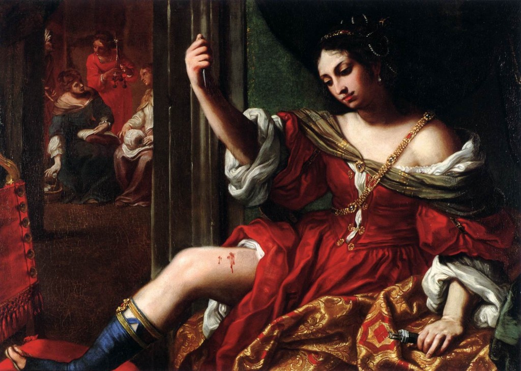 Portia Wounding her Thigh 1664 Oil on canvas, 101 x 138 cm Stephen Warren Miles and Marilyn Ross Miles Foundation, Houston, via Web Gallery of Art.