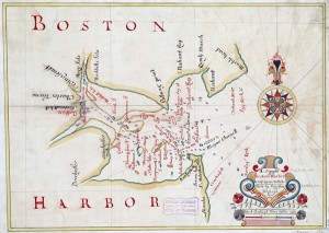 Boston Harbor in 1694 by Cyprian Southack. Map reproduction courtesy of the Norman B. Leventhal Map Center at the Boston Public Library.