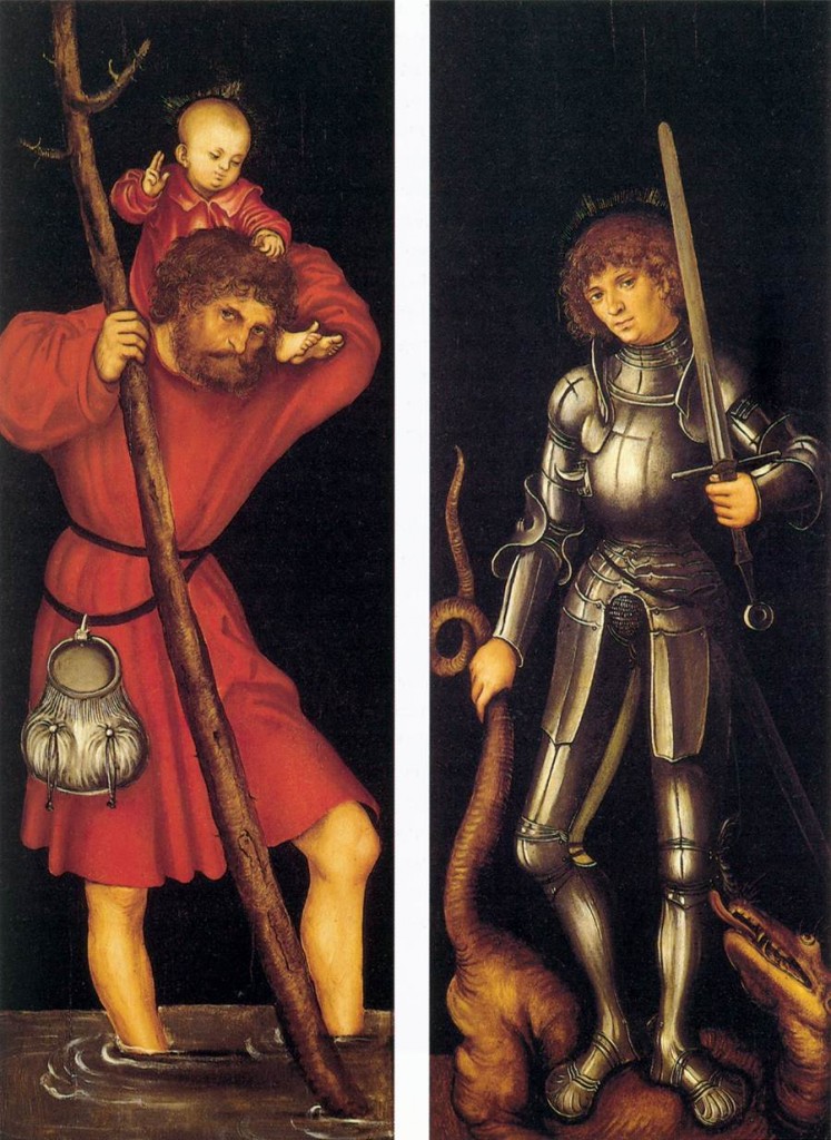 CRANACH, Lucas the Elder Sts Christopher and George (outer side) c. 1514 Oil on panel, 85 x 31 cm (each wing) Fundación Colección Thyssen-Bornemisza, Pedralbes, via Web gallery of art