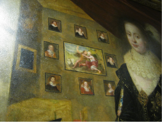 ...and a close up of the Countess of Rothes the other full-length portrait with her daughters. The background paintings echo the studio of Jamesone.