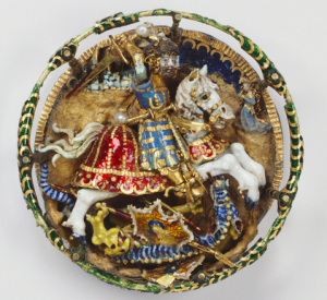 Hat badge showing St George and the dragon, ca. 1520. Enamelled gold, saltwater pearl. 4.2 cm (diameter) x 0.9 cm. The Royal Collection via http://arthistory.about.com/