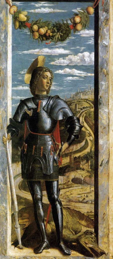 MANTEGNA, Andrea St George c. 1460 Tempera on panel, 66 x 32 cm Gallerie dell'Accademia, Venice. Web gallery of art.