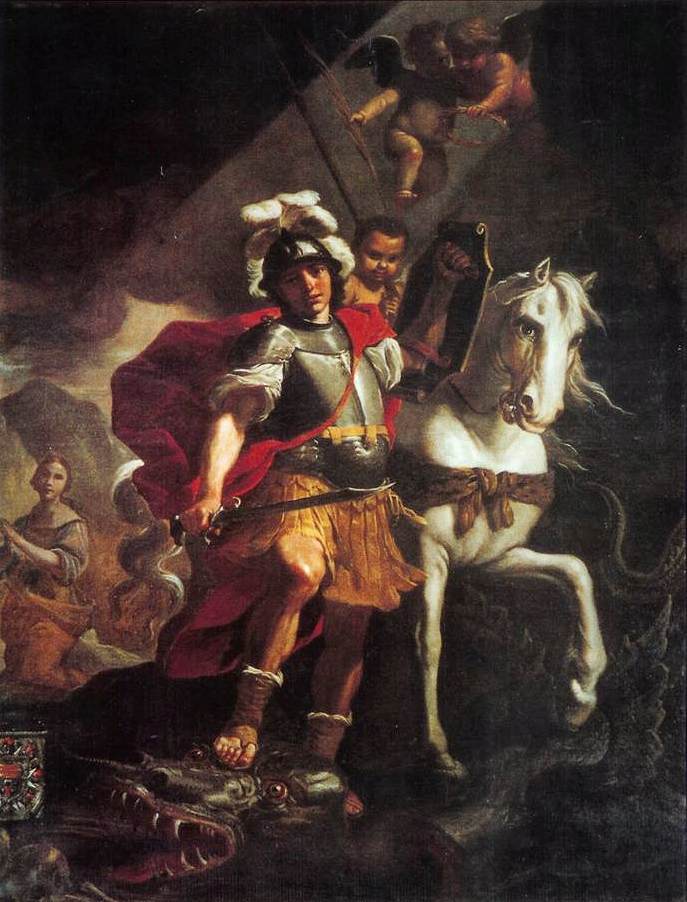 PRETI, Mattia St. George Victorious over the Dragon 1678 Oil on canvas Collegiate Basilica of St. George, Gozo, Malta, via the Web Gallery of Art.